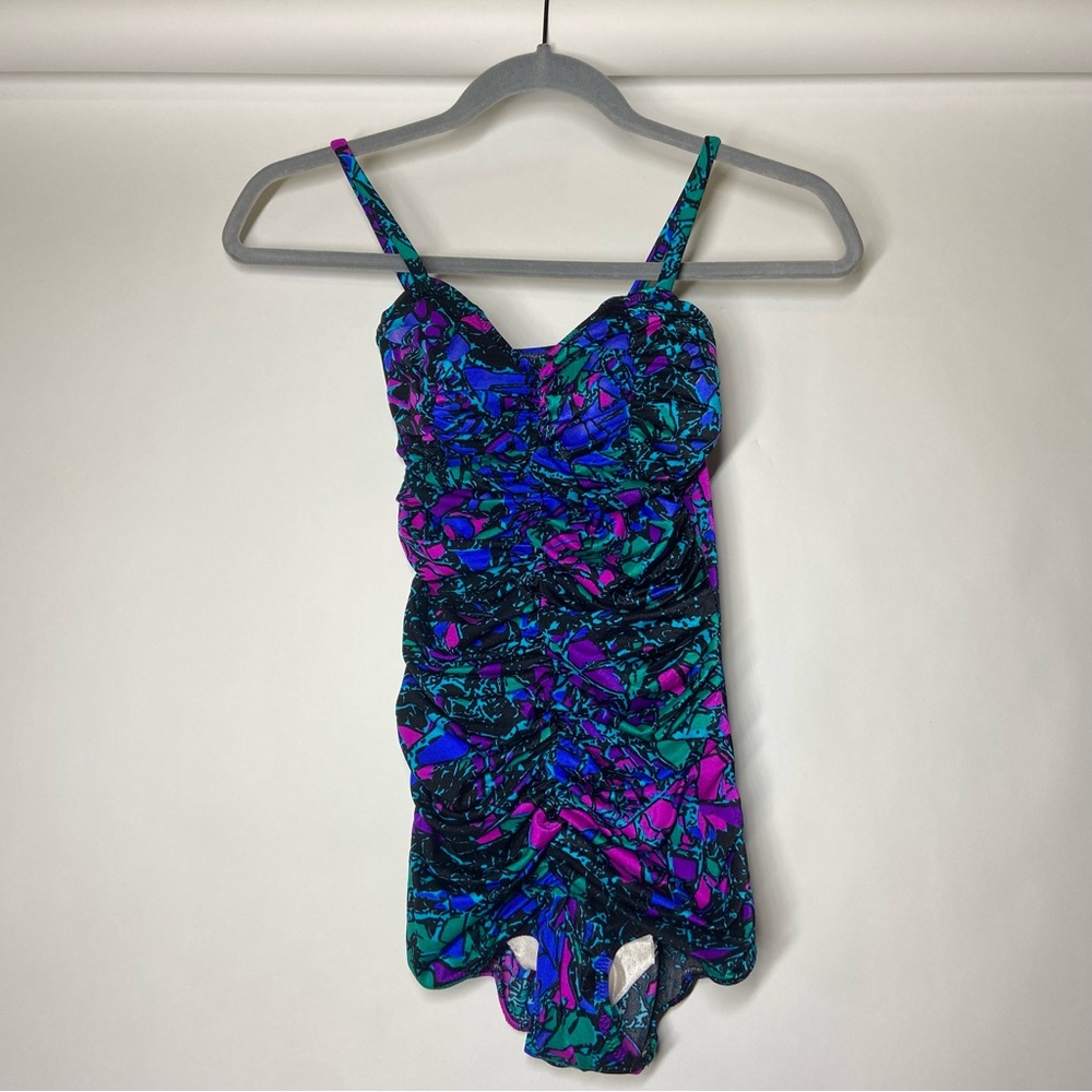 Vintage 1980s Cabana Club Small? One Piece Floral Print Ruched Swimsuit Colorful